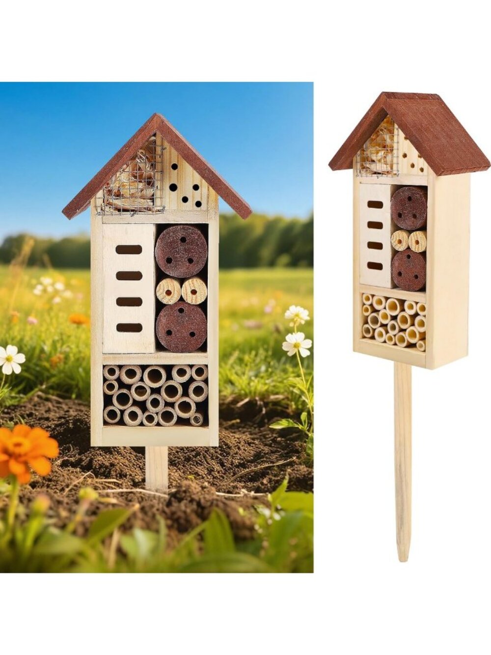 Wooden Insect House with Stake - Eco-Friendly Garden Decor, 19.7" x 3.4" x 5.4